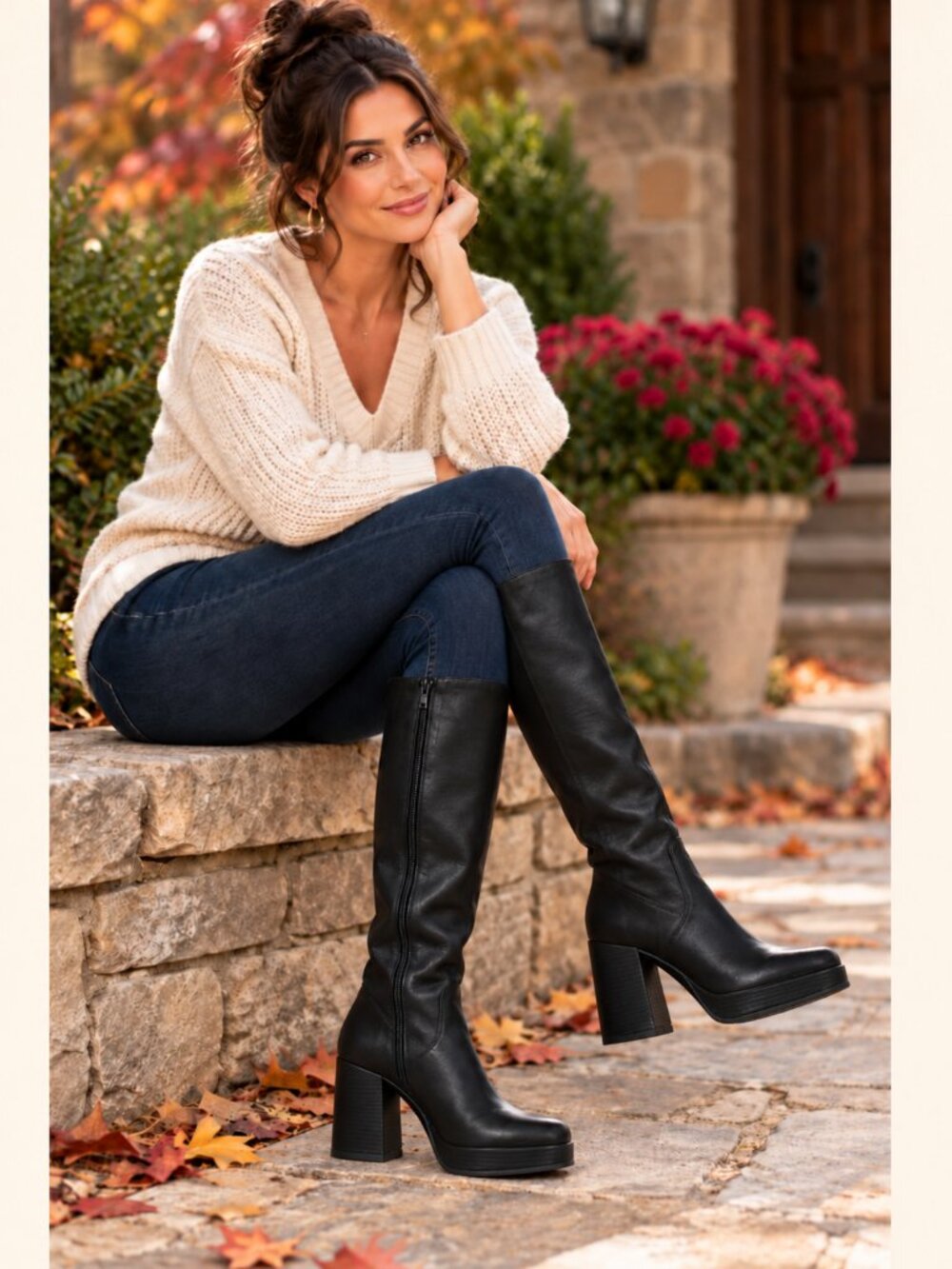 Aldo Black Leather block heal Knee High platform boots - 7.5 - LIKE NEW